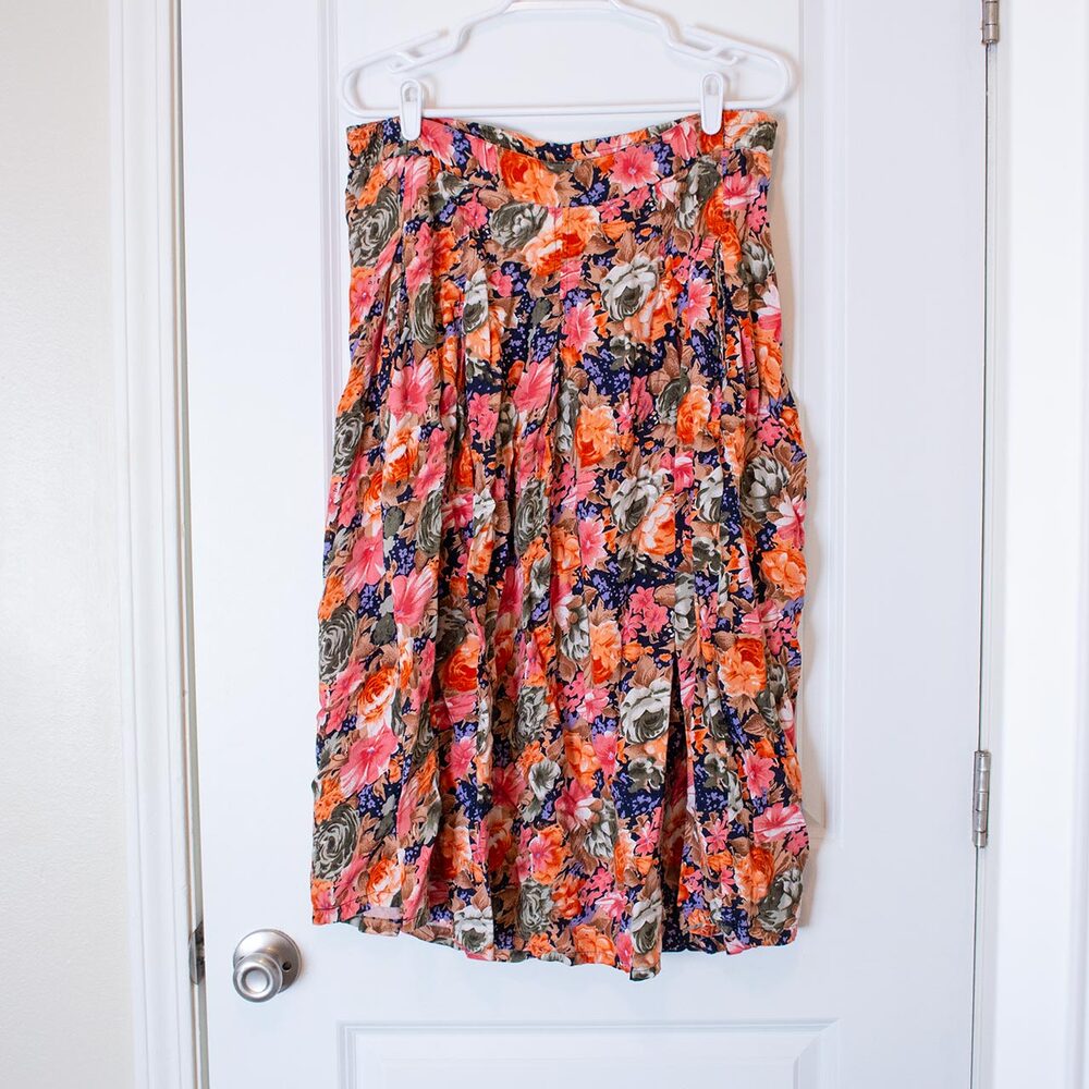 Floral Midi Skirt Pockets Hunters Run Pink Orange Cottagecore M | True Spring
